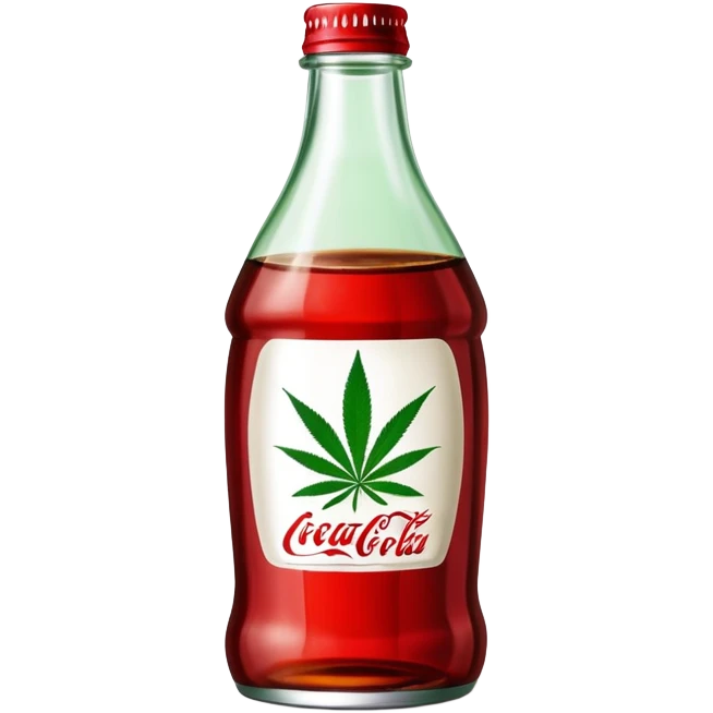 Curved red glass bottle similar to Coca-Cola style with a green cannabis leaf printed on it and a label emoji