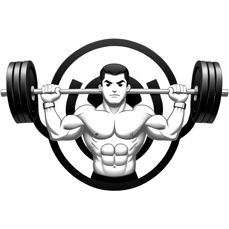 Powerlifting emblem featuring a stylized barbell with heavy weights on each side, flanked by muscular arms gripping the bar. The design is bold and dynamic, symbolizing strength and determination. The background is minimal, focusing on the emblem itself, with a sleek and professional look.  emoji