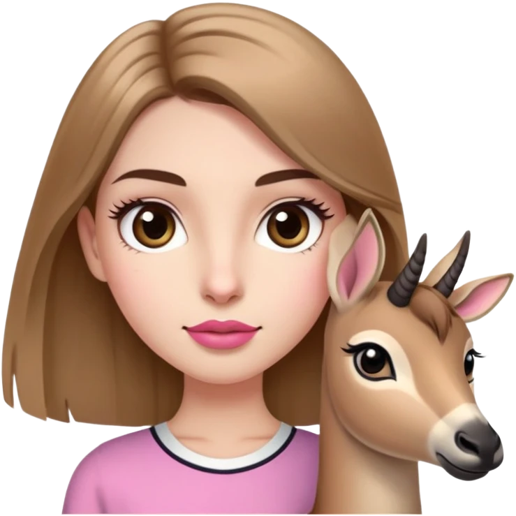 A girl with short shoulder length light brown hair with straight eyebrows, big brown eyes, long eyelashes, a normal nose and a normal mouth but I want pink lips and white skin and I want her wearing a skirt and holding a small gazelle  emoji