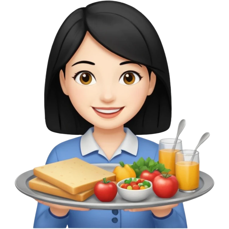 A woman black hair is holding a tray of food. emoji