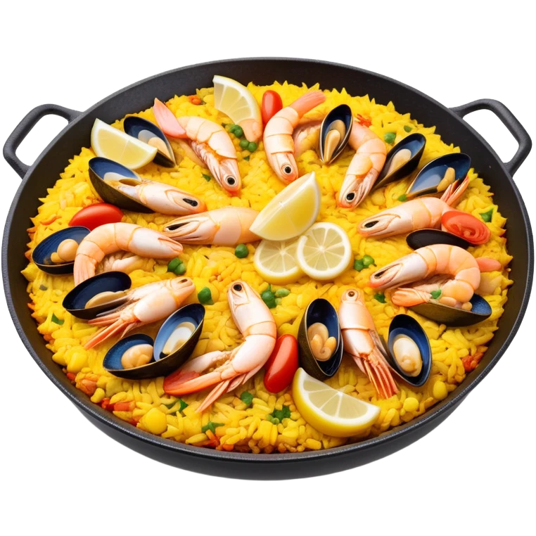 cinematic-realistic-paella-dish-emoji,-depicted-as-a-vibrant,-aromatic-rice-dish-loaded-with-seafood,-chicken,-and-saffron-rendered-with-rich-textures-and-dynamic,-warm-lighting with a lemon slice in the middle emoji