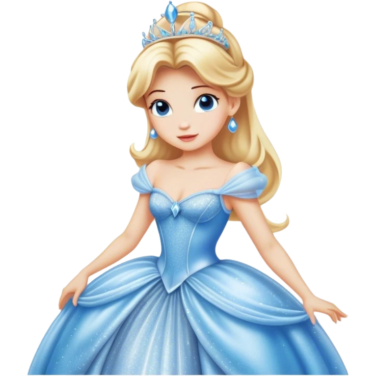 Cinematic Realistic Cinderella Portrait, showcasing her regal elegance in a full ball gown rendered with exquisite detail. Her fair, luminous skin and lustrous blonde hair are highlighted by subtle, shimmering accents and gentle natural light, evoking a magical, transformative aura. emoji