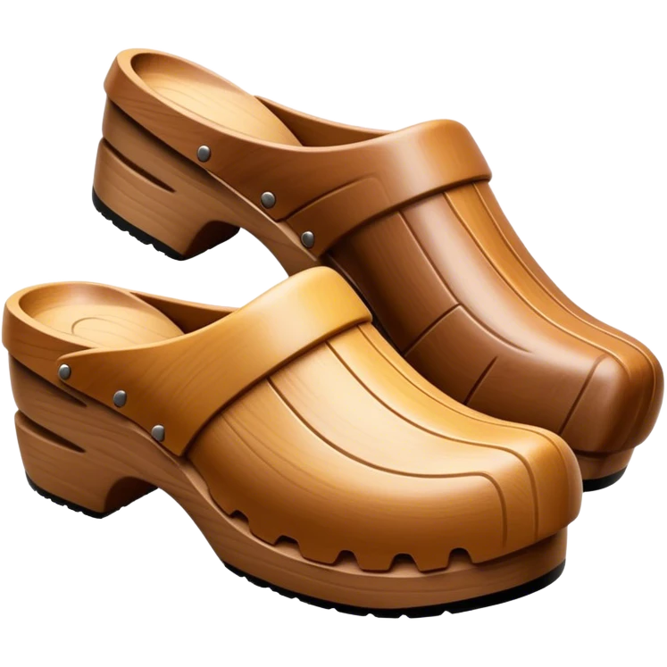 Cinematic Realistic Wooden Clogs Emoji, depicting the classic handcrafted footwear with a smooth, curved design and sturdy wooden soles, rendered with rich textures and warm, natural lighting. emoji