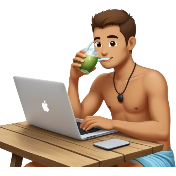 A digital nomad sits at a rustic open-air café in Bali, working on a sleek laptop while sipping coconut water emoji