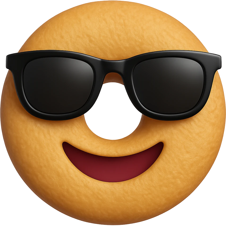 Make the dough a perfect circle with holes like a classic donut, add a textured surface, and use the same black sunglasses as the cool emoji on iPhone. Keep the background transparent. The style should resemble the iPhone emoji style with a clean and polished look. emoji