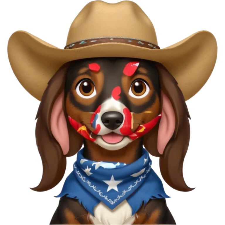 mostly black with some brown long hair daschund with a cowboy hat, ears curl out a bit and bandana and tongue slightly out emoji