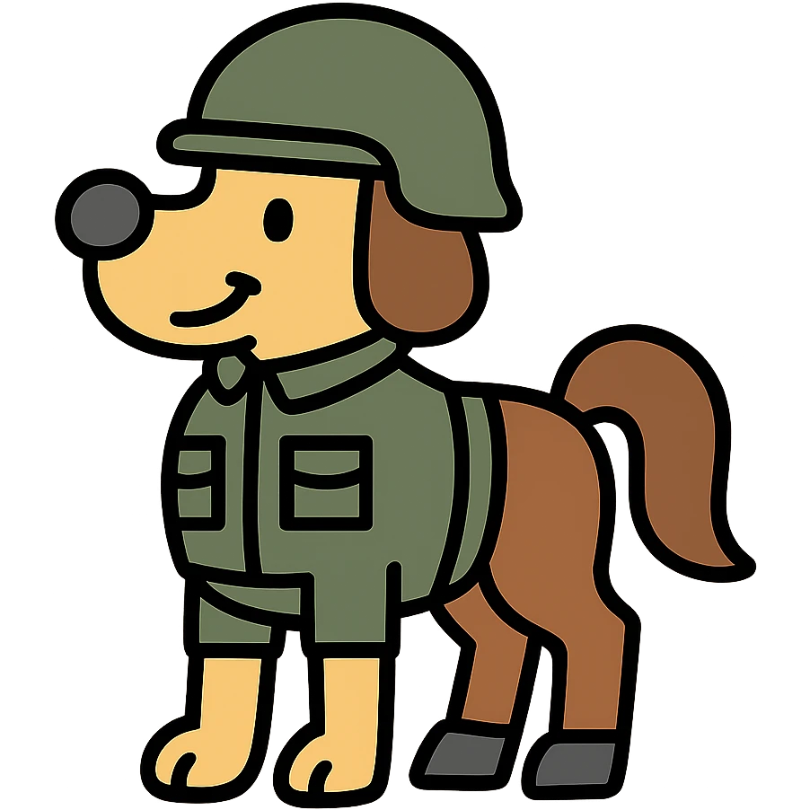 Comical character that is half dog half pony wearing soldier attire with helmet emoji