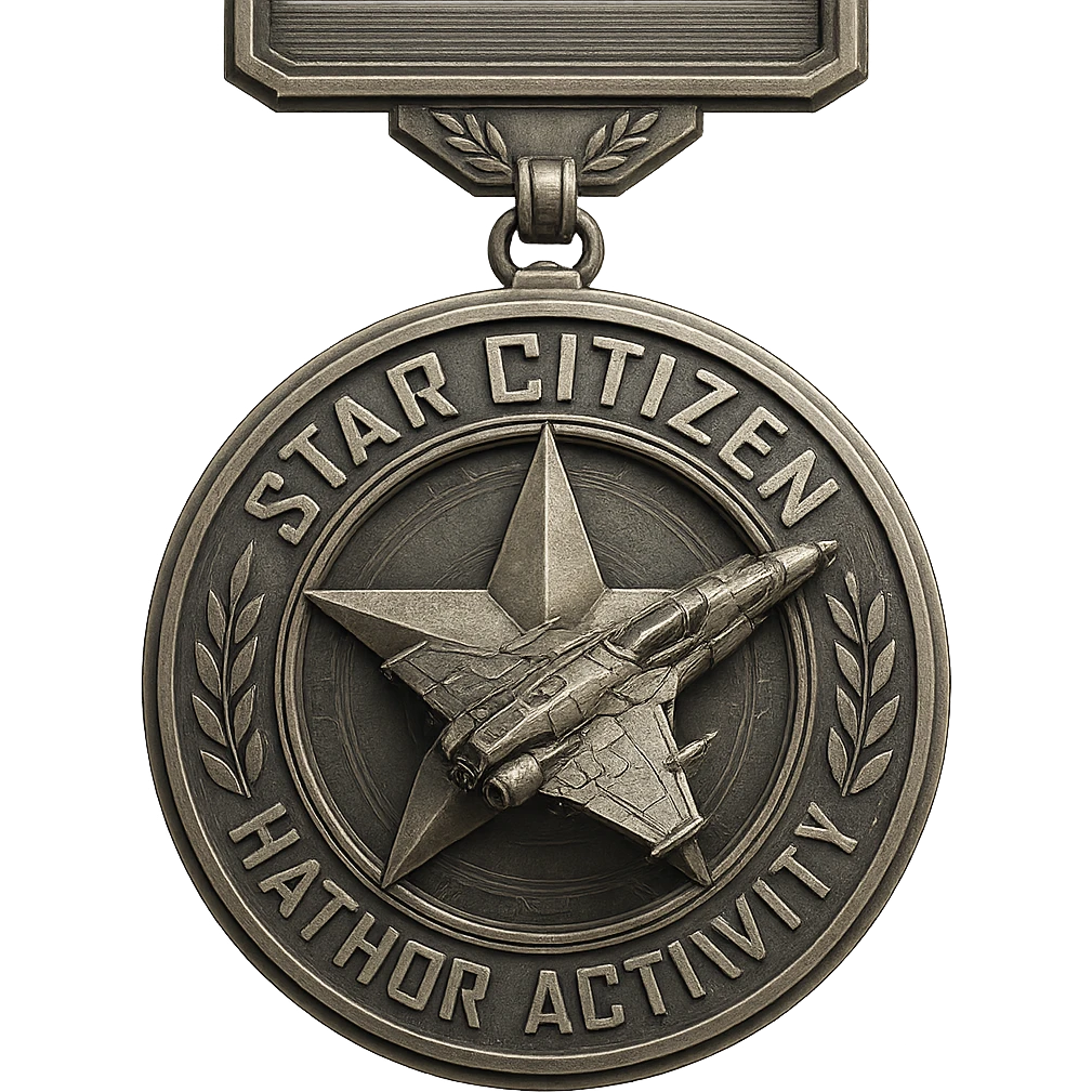 achievement medal for Star Citizen Hathor activity, metallic, includes a star and spaceship, sci-fi inspired, detailed and prestigious emoji