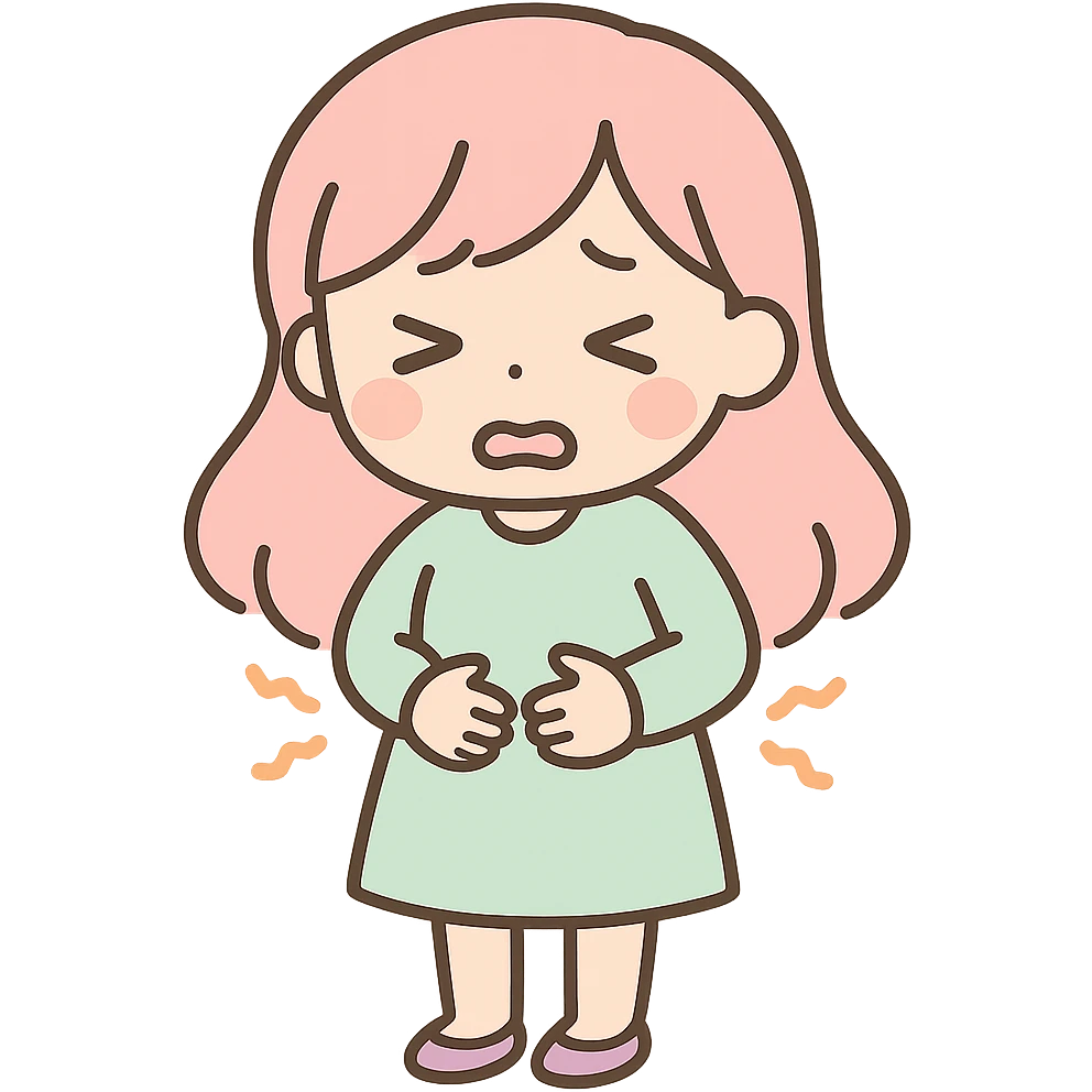 hungry woman holding her belly, face looks very uncomfortable, anime style, full body emoji