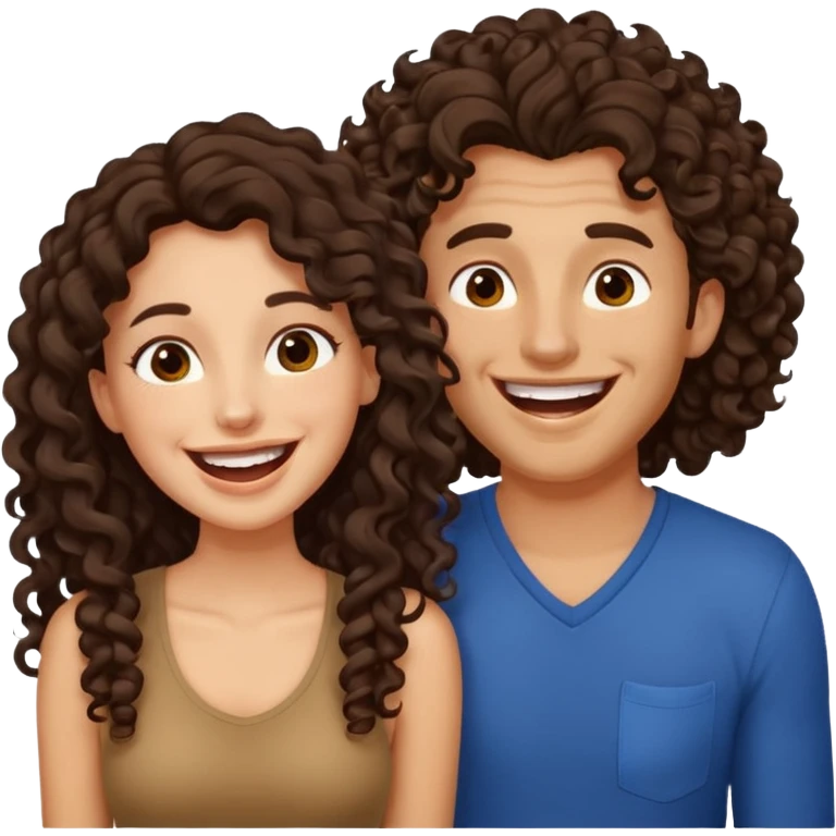 two people. one woman with long curly dark brown hair. one man with brown hair that goes up. they are laughing emoji
