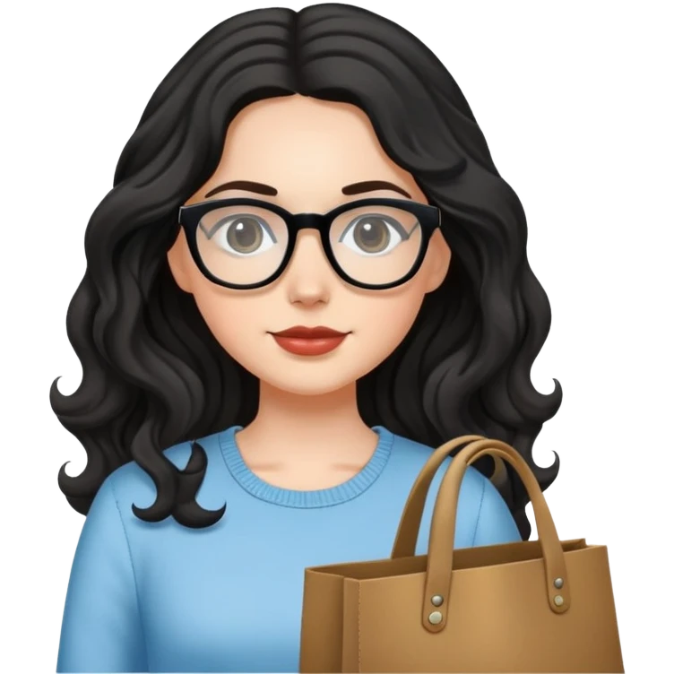 A white girl with black wavy long hair, wearing Wearing glasses and Crossing a tote bag emoji