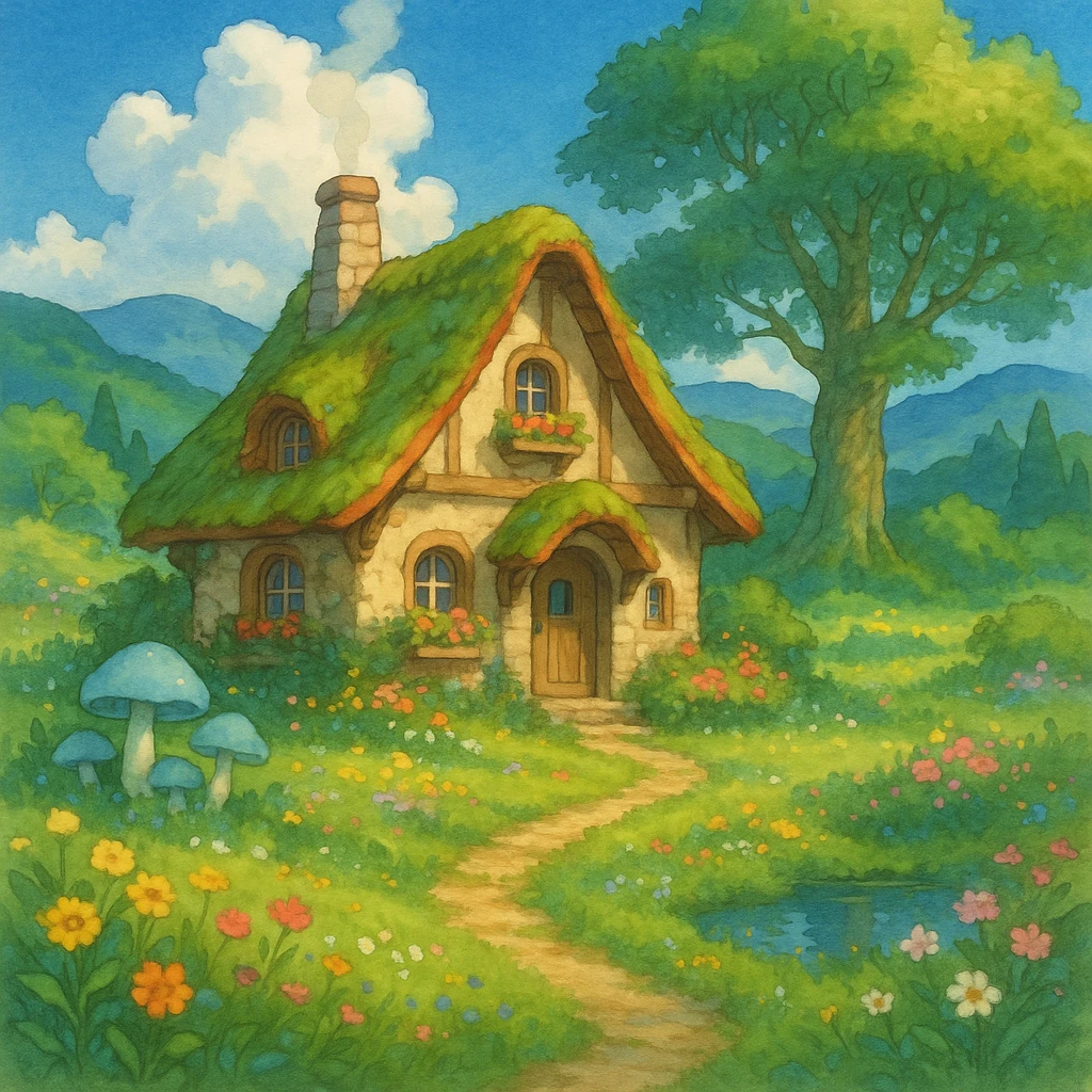 a cozy cottage in a magical landscape, Ghibli style emoji