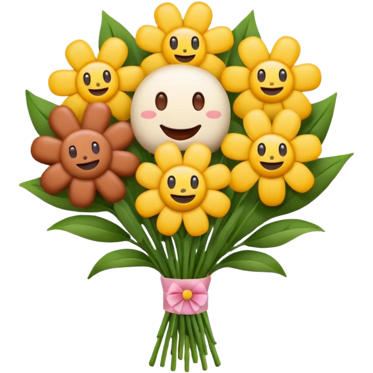 Make emoji flower bouqet from base sausage, holding bouqet white color emoji