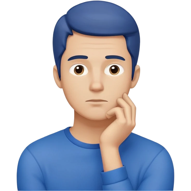 Close-up of a male character in blue clothing, with a thoughtful expression and hand resting on his chin, symbolizing deep thinking. Minimalist, modern style, focusing on facial expression and attire emoji