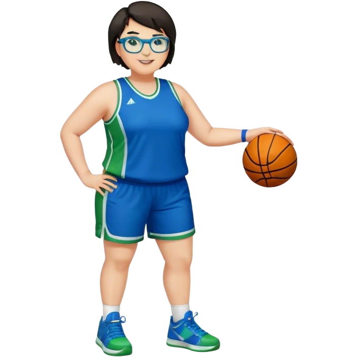 Full Body plus size white female basketball player with short dark hair with highlights spike hair wearing blue glasses  wearing blue green uniform  green sneakers smiling emoji