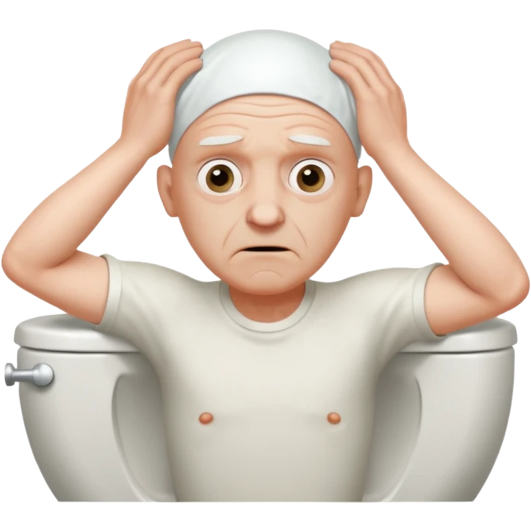 A bald person who’s very old is staring, he’s inside a toilet and his head is upright and looking at the camera with very wide eyes and his hands are putting pressure on his head, very scared expression emoji
