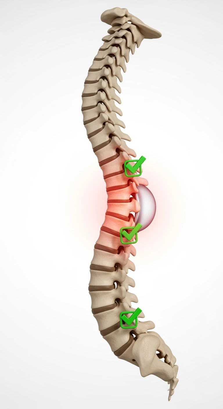 spina dorsale anatomica umana infiammata con ernia, e spunte verdi di verificato in 3d, ISOLATO SU SFONDO BIANCO emoji