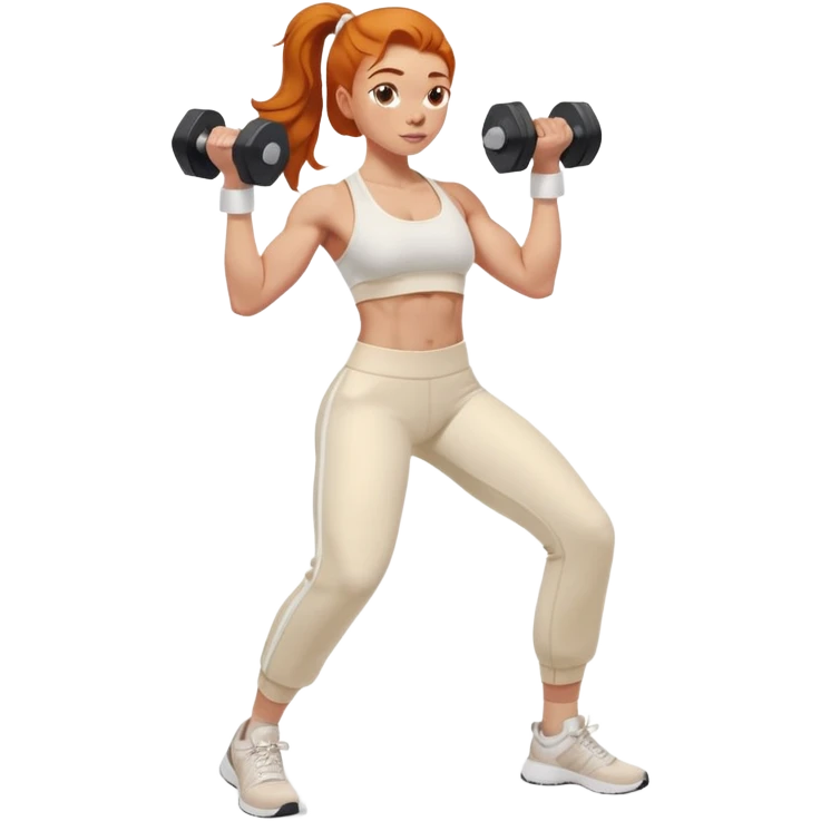 Ginger gym girl standing sideways with dumbbells and cream athleisure pants clothes emoji