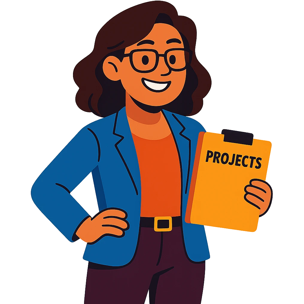 a cheerful and confident female project manager in a business casual outfit, smiling emoji