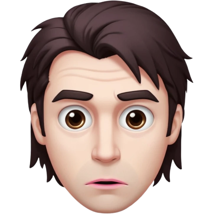 Handsome white man with big brown eyes thin pink lips long nose and dark brown messy hair cover his forhead eyes like a mad emoji