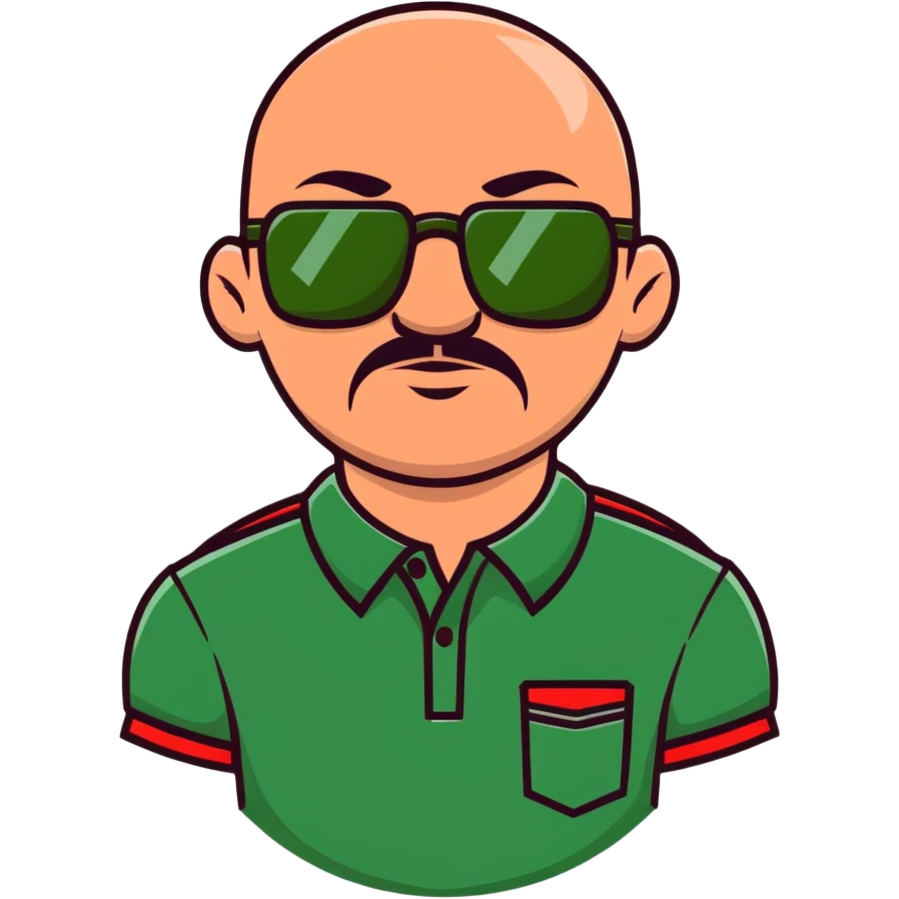 muscular bald man with a red chin goatee, wearing a dark green polo shirt and dark green glasses emoji