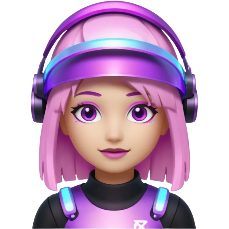 “Futuristic Roblox girl emoji, 2050 style. Pink-purple holo visor, light-strand hair, digital eyes sparkle, metallic pastel glow, neon aura background.” emoji