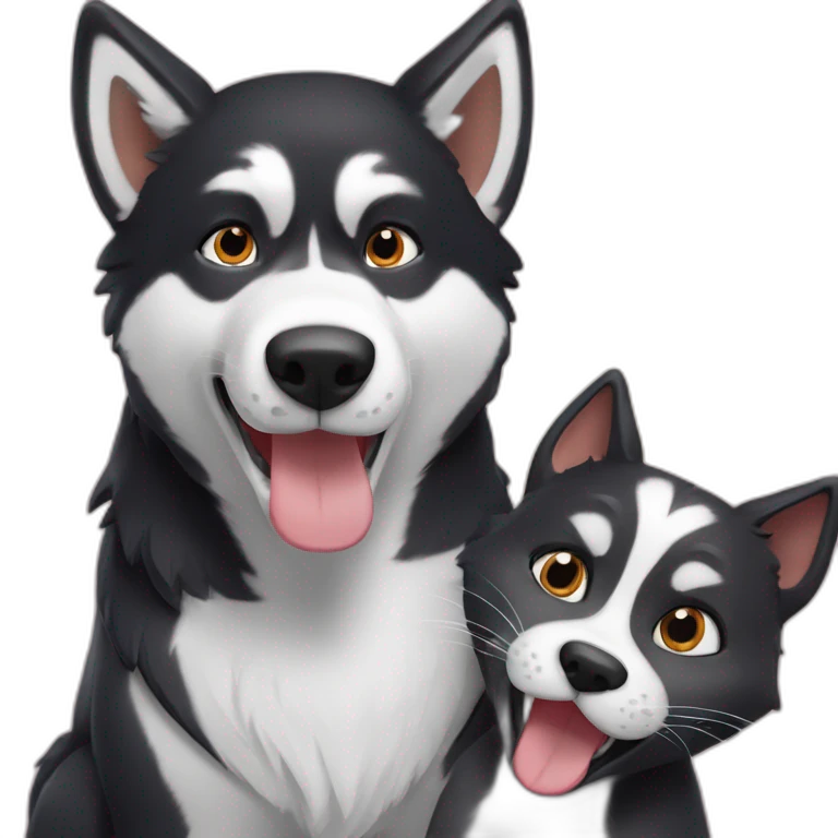 Un husky noir qui prend un selfie avec un chat roux emoji