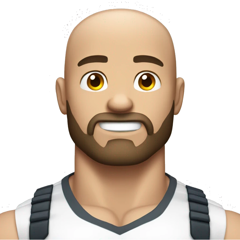 Muscular white man flexing, bald, dark beard in a white shirt emoji
