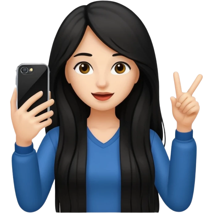 black long haired woman holding her phone having selfie emoji
