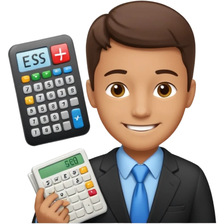 emoji, of a male AUDITOR smiling with Finance spreadsheet , a calculator,plus ADD A puzzle and a Balance for accounting. emoji