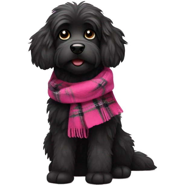 Black fluffy dog with a pink tartan scarf  emoji