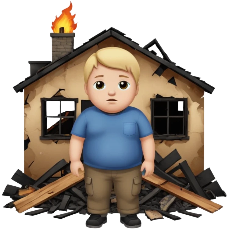 fat kid with a side part covering one of his eyes and a burned down house emoji