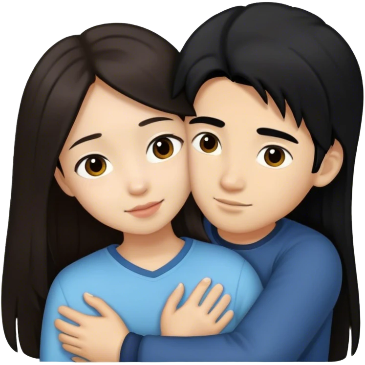 girl with long dark brown hair hugging asian boy with black hair emoji