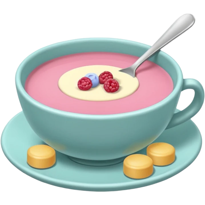 tazita de sopa, pastillas en estilo aesthetic y una camita rosada. emoji