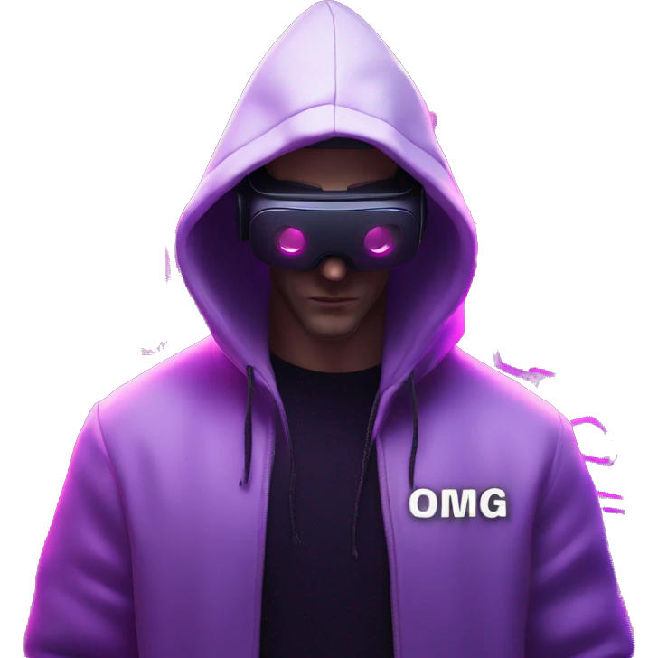 Russian man wearing a black hoodie with "OMG" letters on it and VR headset in a cyberpunk VR environment with violet neon lighting. emoji
