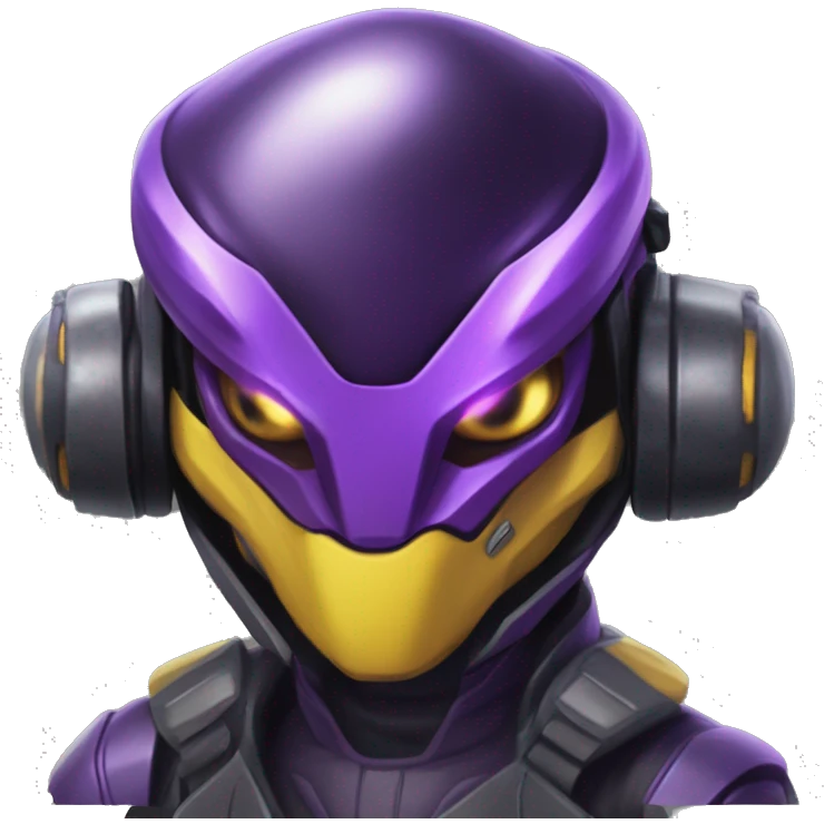 a shiny black-purple-yellow Genesect-Raptor-Fakémon—hybrid with a futuristic visor-helmet full bod emoji