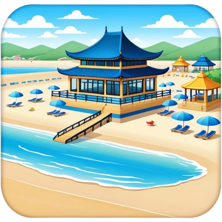 Beidaihe seaside resort beach with pavilion Hebei, simplified emoji style with bold outlines and bright colors, cartoon style beach with blue water emoji