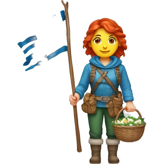 red hair female winter mountaineer with Easter basket and Greek flag emoji