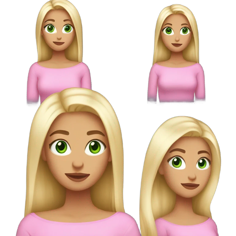 blonde girl with green eyes, smooth skin, pink off shoulder sweater, long blow out hair emoji