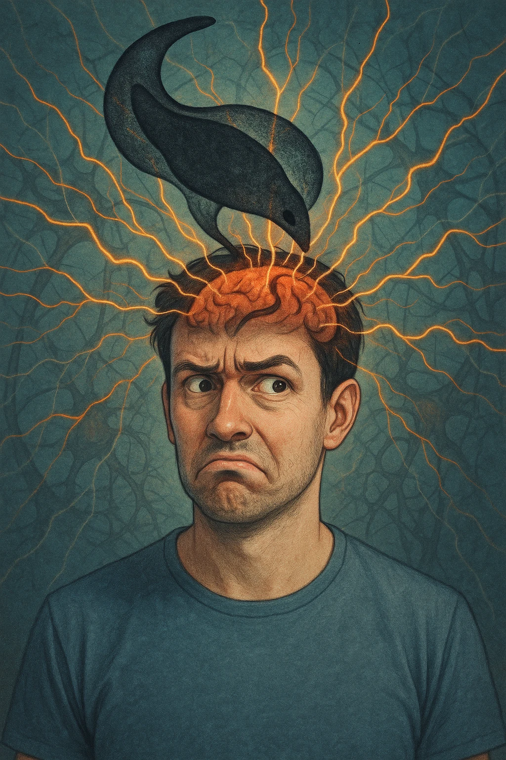 Uomo con espressione confusa e sbalzi emotivi visibili sul volto, in un ambiente surreale. Un'ombra astratta o un parassita trasparente (Toxoplasma gondii) si insinua nel cervello, con linee energetiche che influenzano le emozioni. Sfondo neurologico, atmosfera tesa, simbolismo mentale e parassitario. emoji