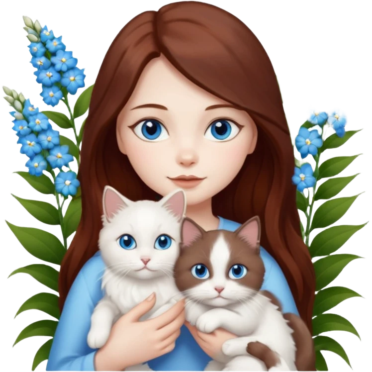 A woman with long dark auburn hair holding three white ragdoll cats in the flowers emoji