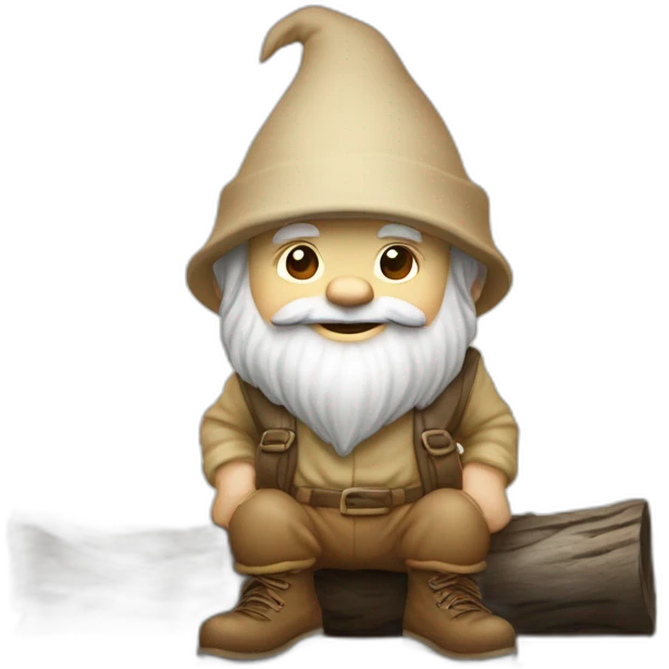 side angle of gnome with light tan pants and light tan boots squatting in front of small brown log emoji