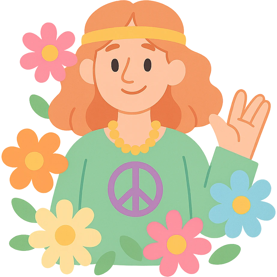 flower child, 1960s hippie, pastel colors, gentle smile, surrounded by flowers, soft illustration emoji