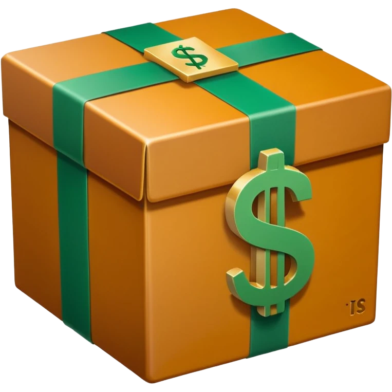 Closed box with smooth, rounded edges

Light honey‑brown tape strip with a glossy highlight

Flat green bill with a bold white dollar sign, anchored at the bottom left of the box

Slight soft shadow under the bill for depth

Plain white background for that crisp, emoji‑ready finish emoji
