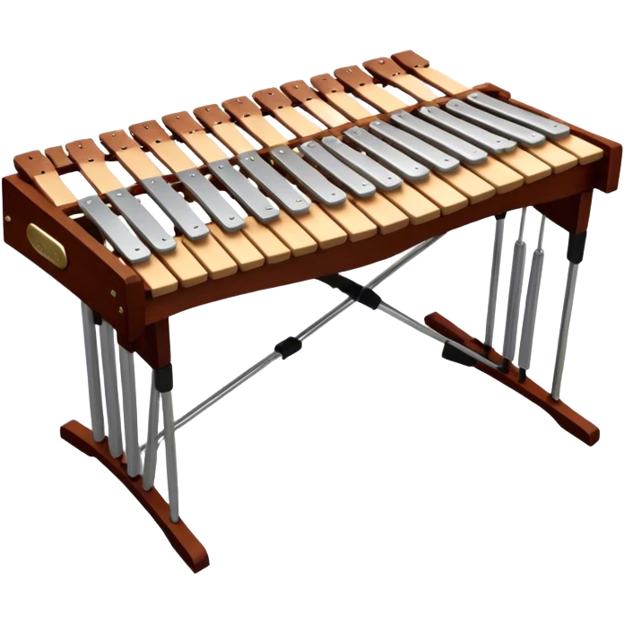 Create a detailed and professional emoji representing a Fleet FLT-SX37 long orchestral wooden xylophone. The design should showcase the large wooden bars of the xylophone, arranged in a traditional setup, with soft metallic accents on the mallets. The bars should have a rich wood texture, with polished details to reflect the quality of the instrument. The mallets should be held above the bars, with the heads clearly visible. Use warm, rich wood tones like mahogany and light brown, with silver or metallic accents for the mallets. Add subtle musical notes floating above the xylophone to emphasize its melodic sound. The background should be transparent. emoji