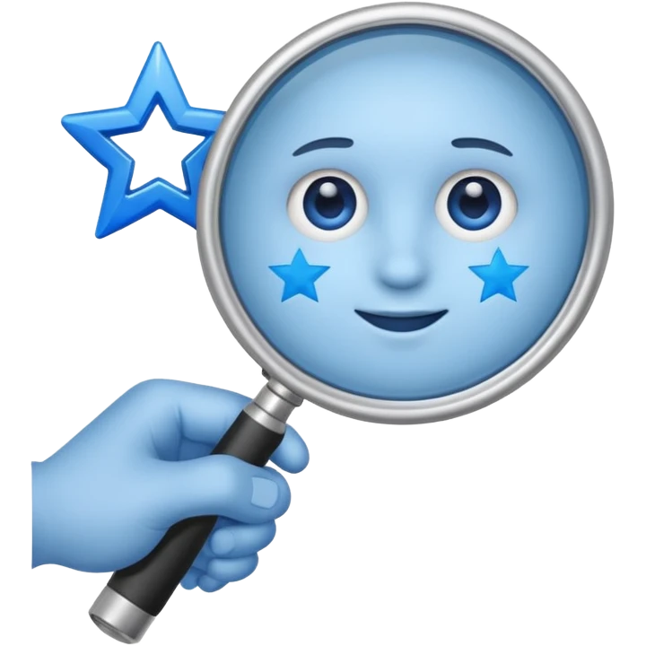 A simple blue left hand holding a magnifying glass which is showing blue stars emoji