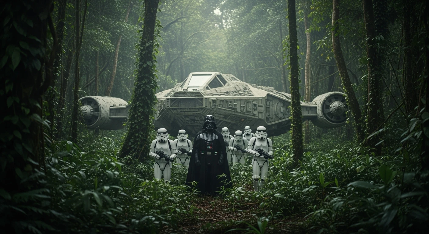 cinematic still, Medium shot, amazon jungle, Darth Vader around stormtroopers coming out from starship on ground, they are exploring the jungle, inspired by StarWars movie, captured by arri alexa emoji