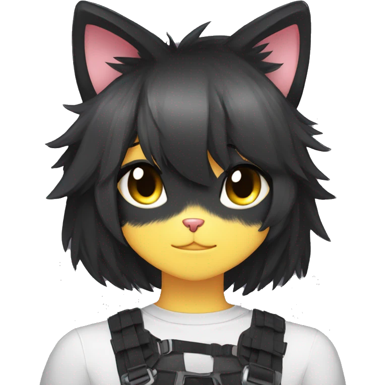 Anthro Cool Black Cat-Fursona-Fakemon with Emo Hair-bangs with Chest Harness emoji
