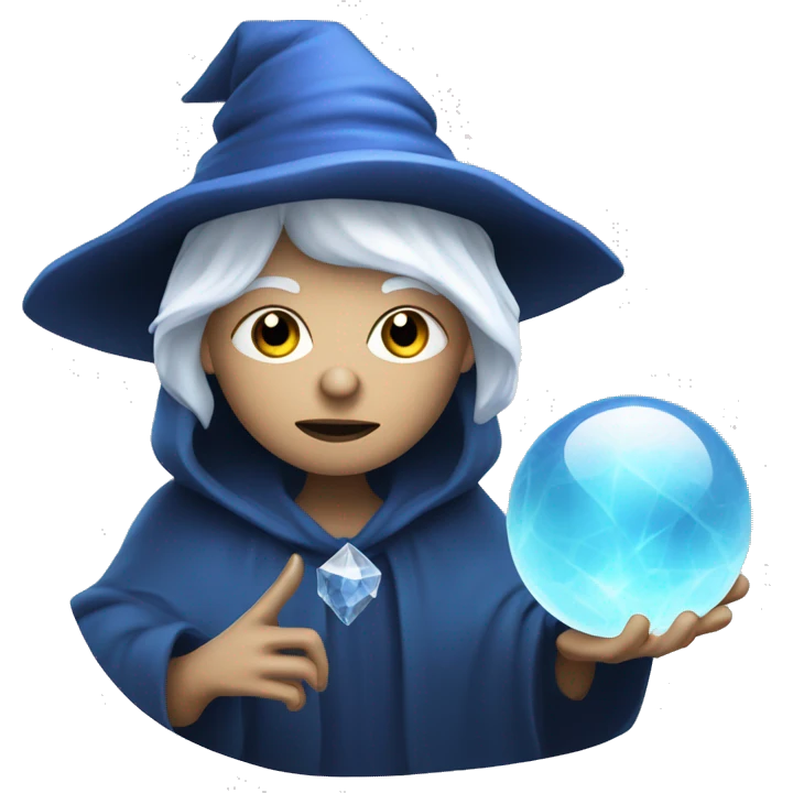 wise crone with white hair and blue witch hat  holding crystal ball emoji