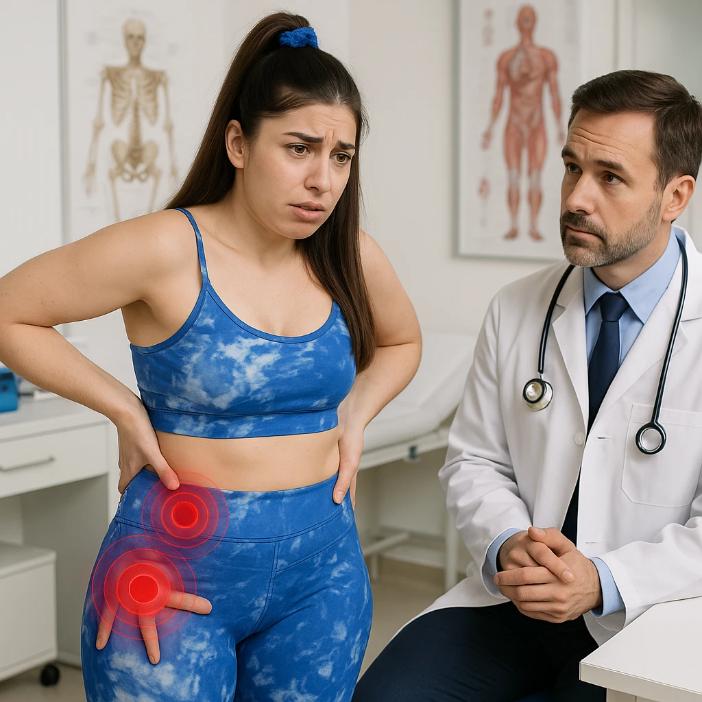 Slim woman in 4K, in a medical office, precisely indicating pain points on hip and lumbar area to the orthopedist, expression of frustration and hope, inspired by the reference photo. emoji
